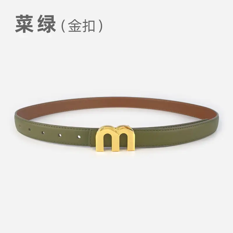M Letter Leather Belt for Women Brown Gold Buckle - Image 13