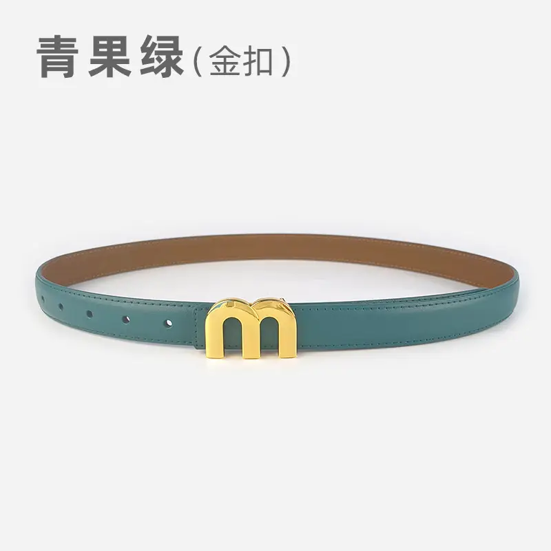 M Letter Leather Belt for Women Brown Gold Buckle - Image 14