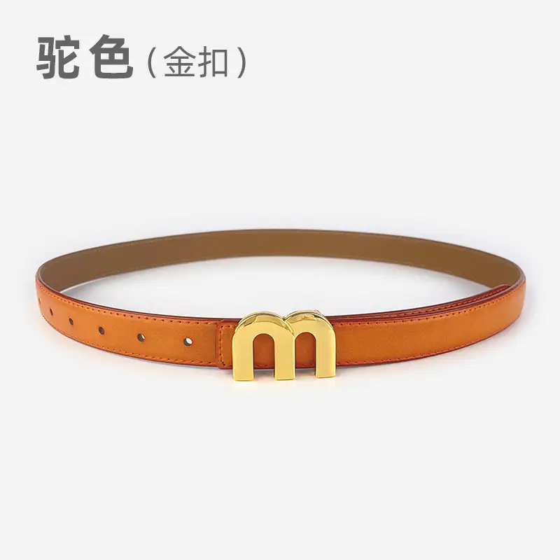 M Letter Leather Belt for Women Brown Gold Buckle - Image 15