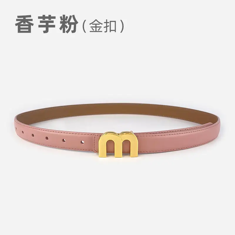M Letter Leather Belt for Women Brown Gold Buckle - Image 18