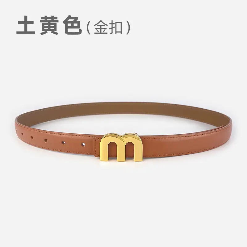 M Letter Leather Belt for Women Brown Gold Buckle - Image 19