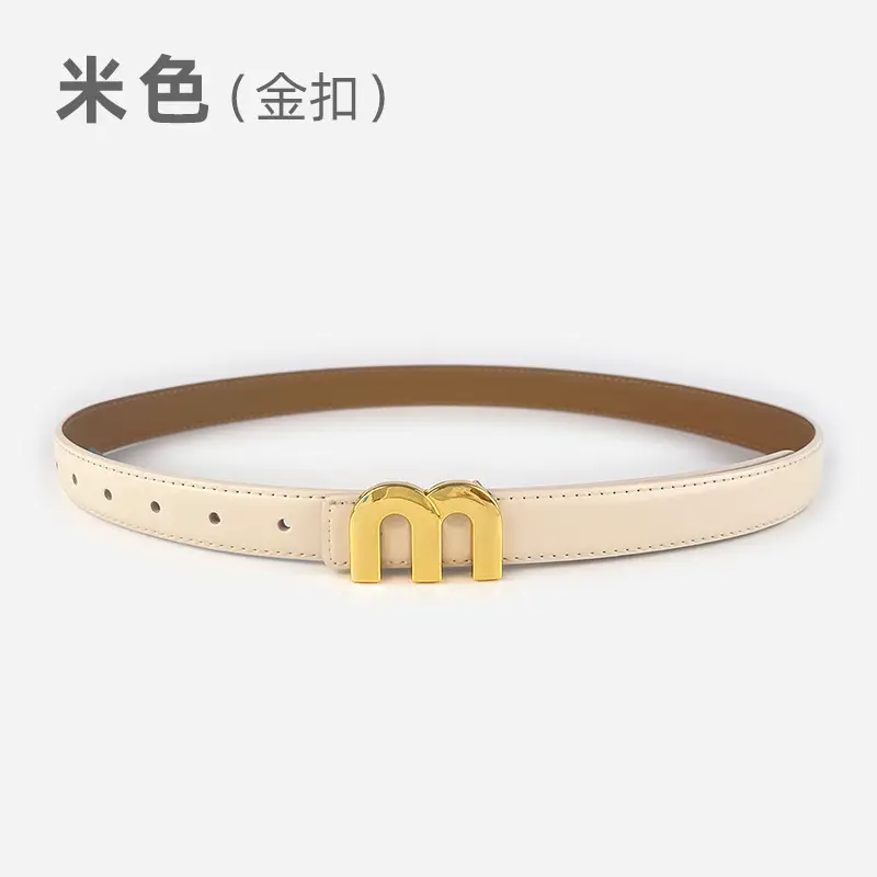 M Letter Leather Belt for Women Brown Gold Buckle - Image 2