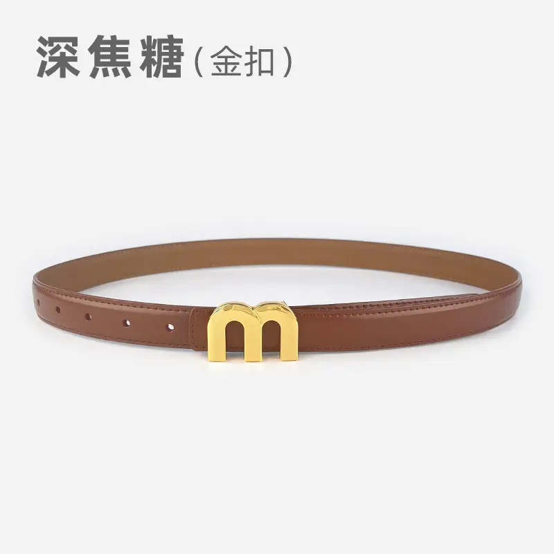 M Letter Leather Belt for Women Brown Gold Buckle - Image 20