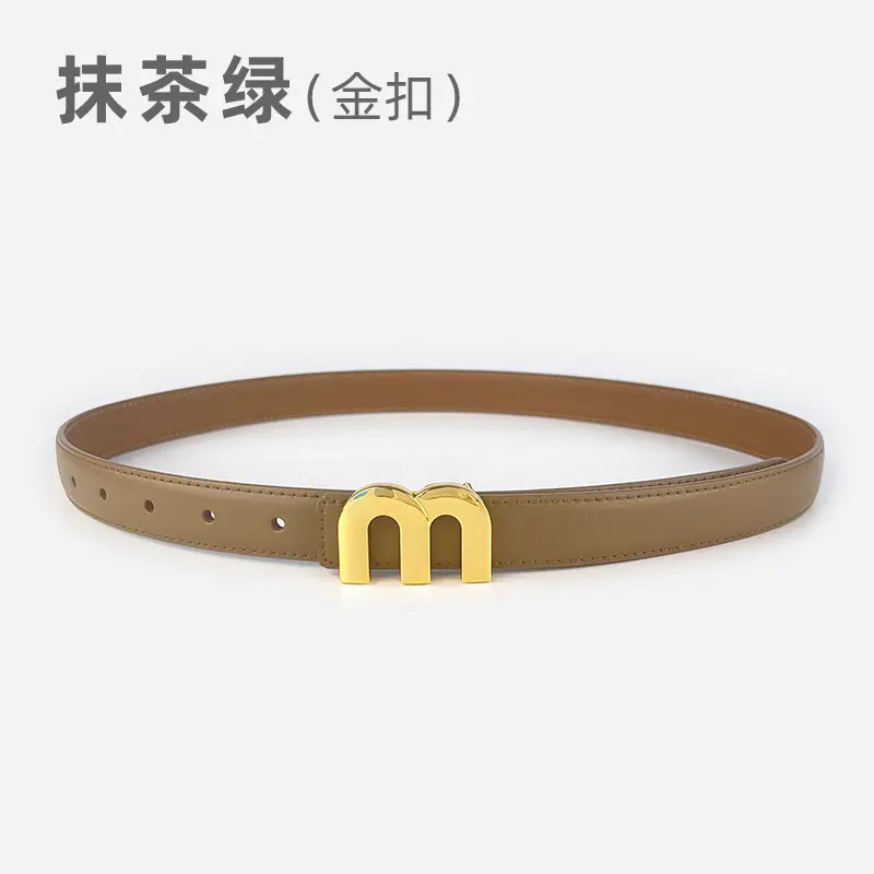 M Letter Leather Belt for Women Brown Gold Buckle - Image 21