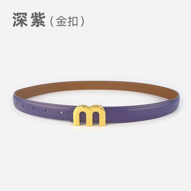 M Letter Leather Belt for Women Brown Gold Buckle - Image 23