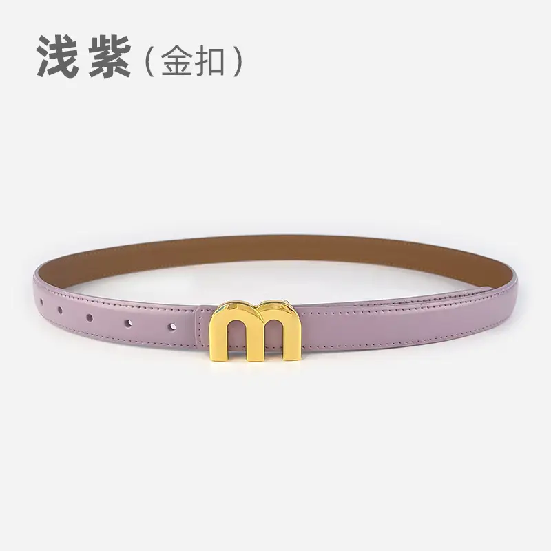 M Letter Leather Belt for Women Brown Gold Buckle - Image 25