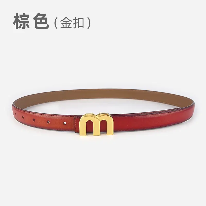 M Letter Leather Belt for Women Brown Gold Buckle - Image 26