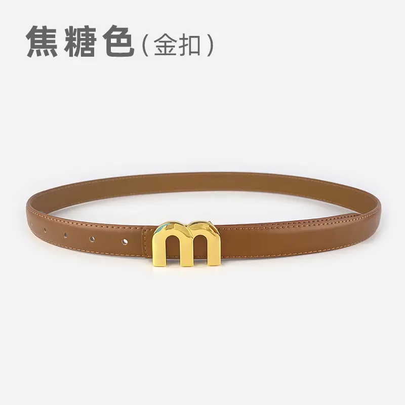 M Letter Leather Belt for Women Brown Gold Buckle - Image 3