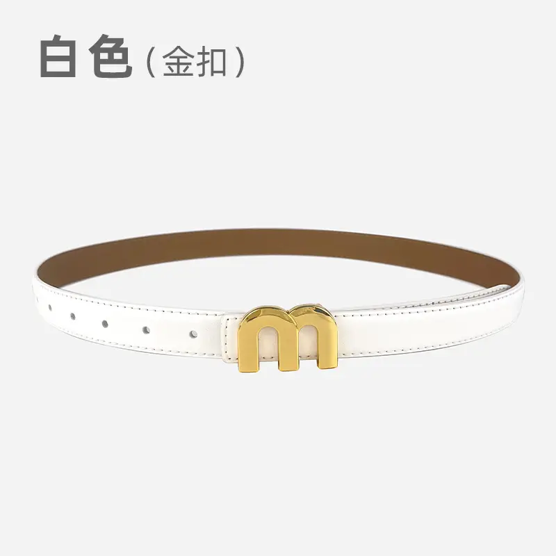 M Letter Leather Belt for Women Brown Gold Buckle - Image 4
