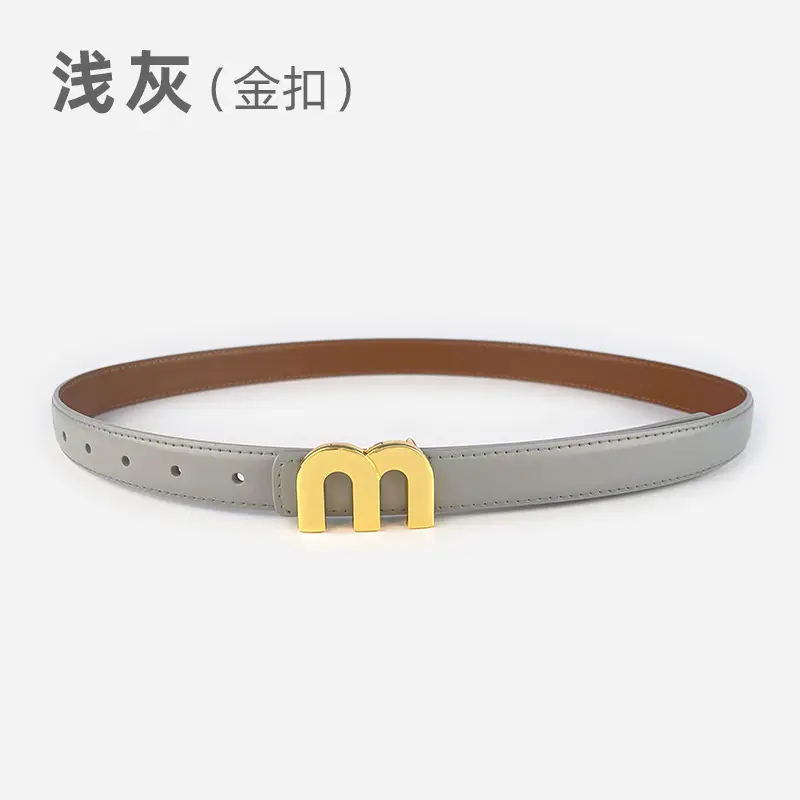 M Letter Leather Belt for Women Brown Gold Buckle - Image 5