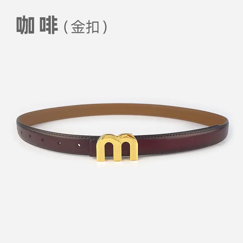 M Letter Leather Belt for Women Brown Gold Buckle - Image 6