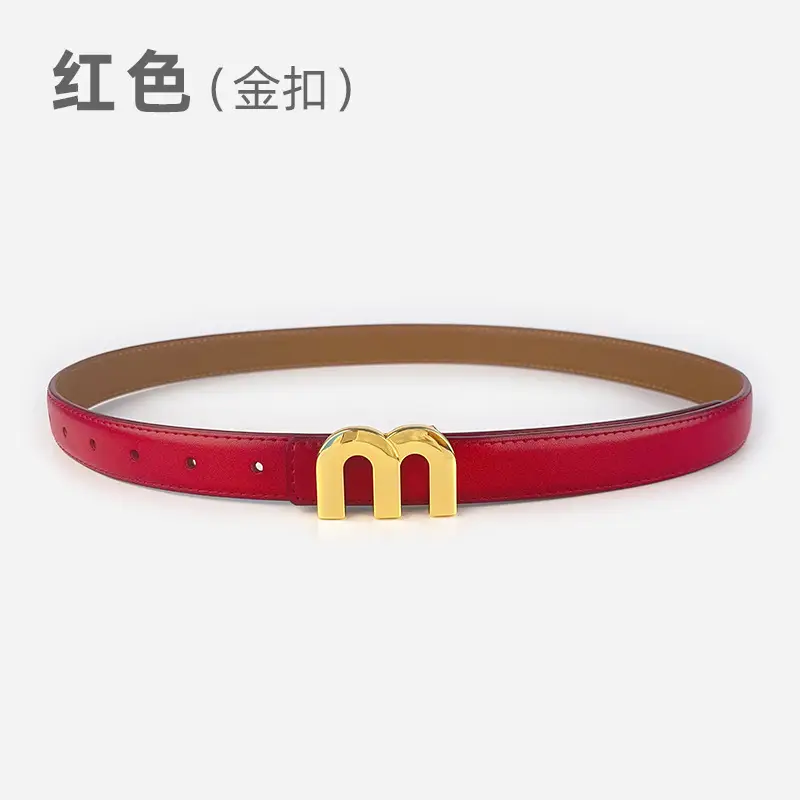 M Letter Leather Belt for Women Brown Gold Buckle - Image 7