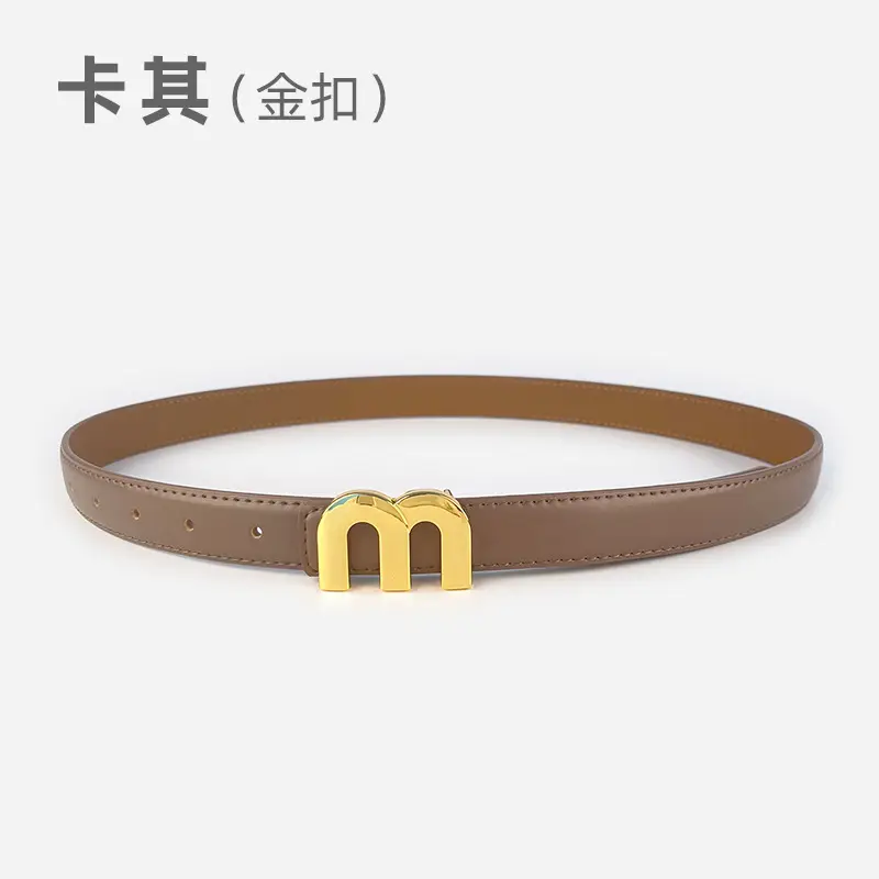 M Letter Leather Belt for Women Brown Gold Buckle - Image 8