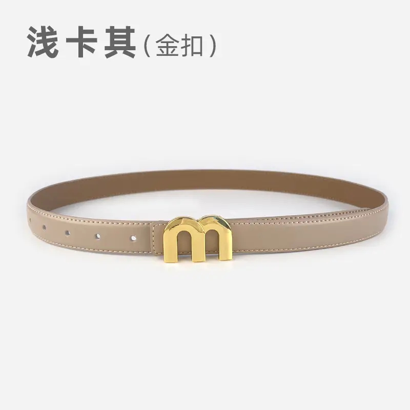 M Letter Leather Belt for Women Brown Gold Buckle - Image 9