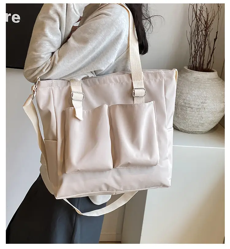 Beige Canvas Shoulder Bag Large Capacity Women Commuter — feature 1