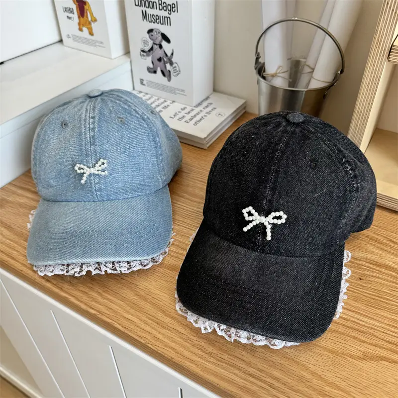 Black Bow Lace Baseball Cap Women's Wide Brim - Image 5
