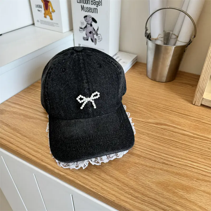 Black Bow Lace Baseball Cap Women's Wide Brim - Image 3