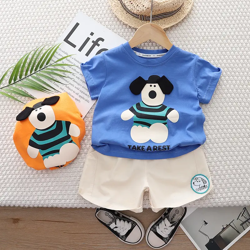Boys Cotton Cartoon T-Shirt Shorts Set Blue White Summer 2024 - Image 3
