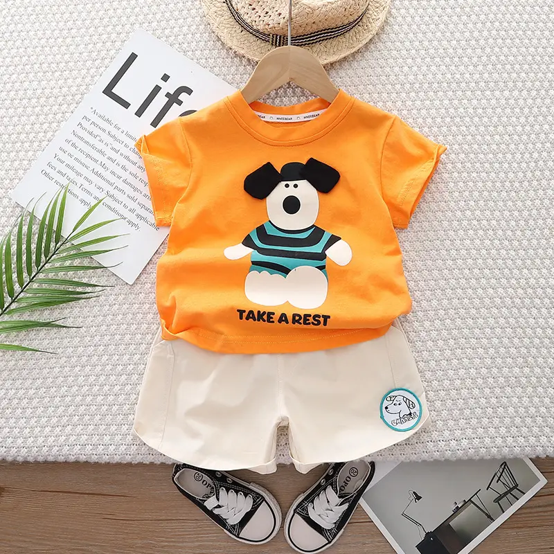 Boys Cotton Cartoon T-Shirt Shorts Set Blue White Summer 2024 - Image 2