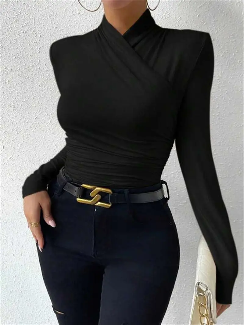 European and American Cross-Border Pullover Autumn and Winter New Design Cross-Collar Long-Sleeved Slim and Versatile Pure Color Pleated T-Shirt