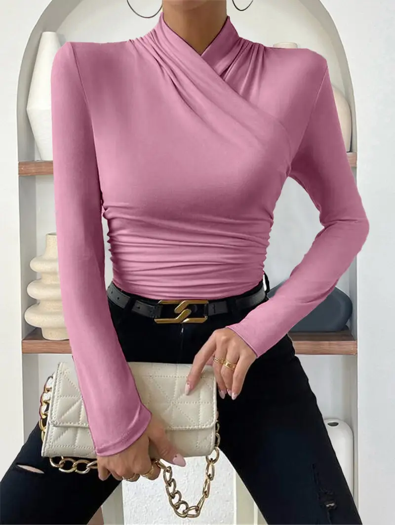 European and American Cross-Border Pullover Autumn and Winter New Design Cross-Collar Long-Sleeved Slim and Versatile Pure Color Pleated T-Shirt