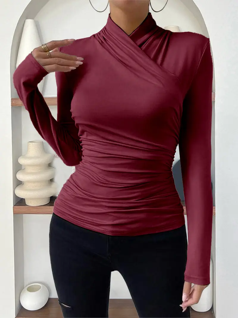 European and American Cross-Border Pullover Autumn and Winter New Design Cross-Collar Long-Sleeved Slim and Versatile Pure Color Pleated T-Shirt