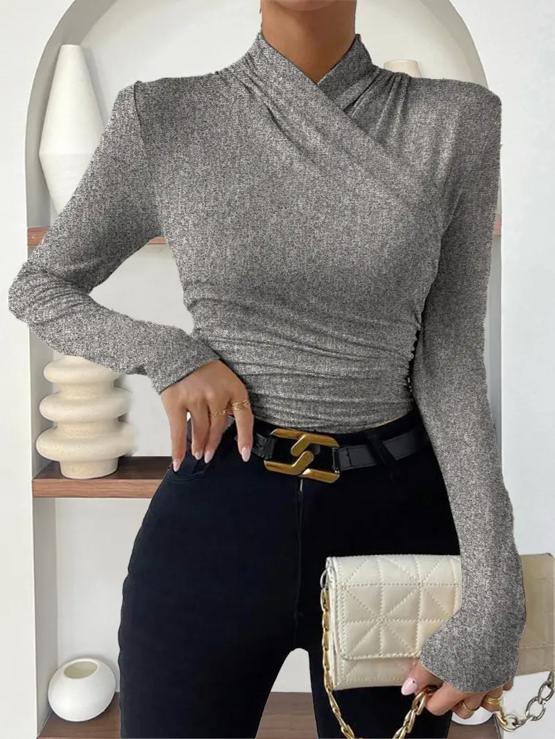 European and American Cross-Border Pullover Autumn and Winter New Design Cross-Collar Long-Sleeved Slim and Versatile Pure Color Pleated T-Shirt