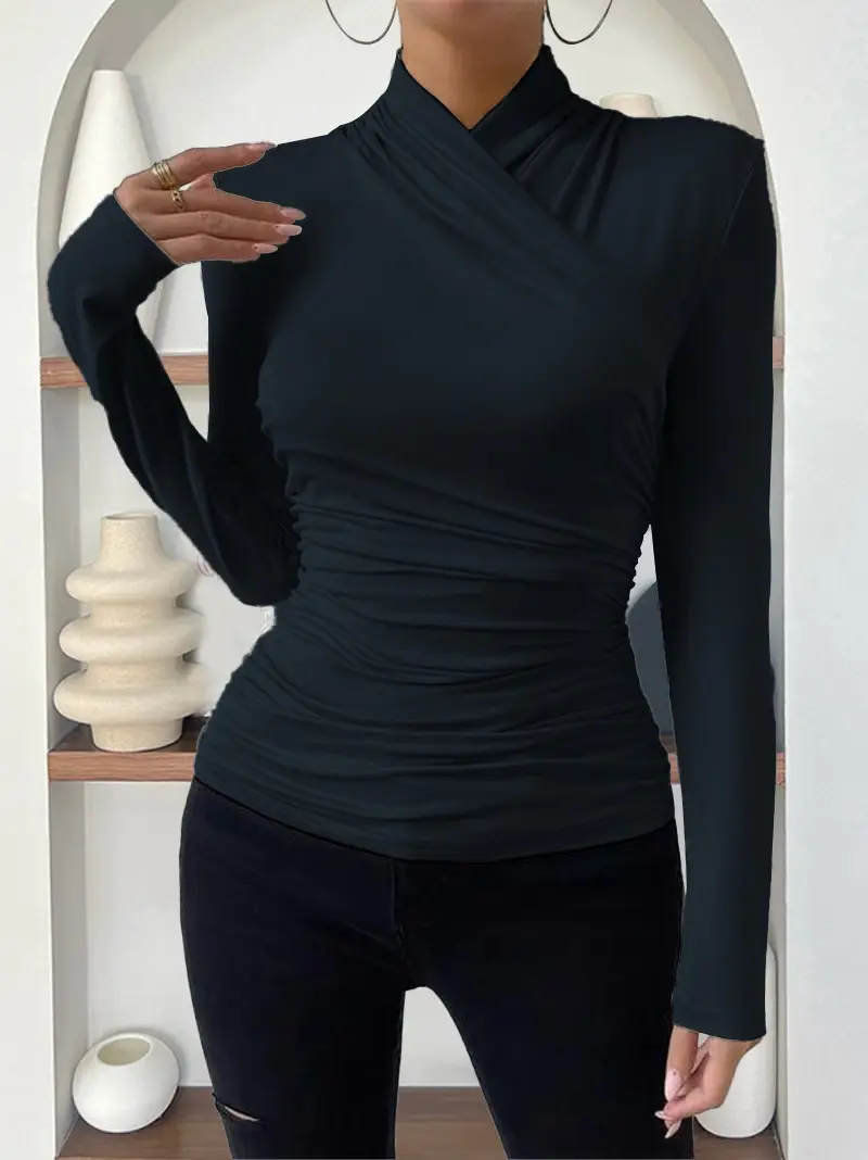 European and American Cross-Border Pullover Autumn and Winter New Design Cross-Collar Long-Sleeved Slim and Versatile Pure Color Pleated T-Shirt — feature 10