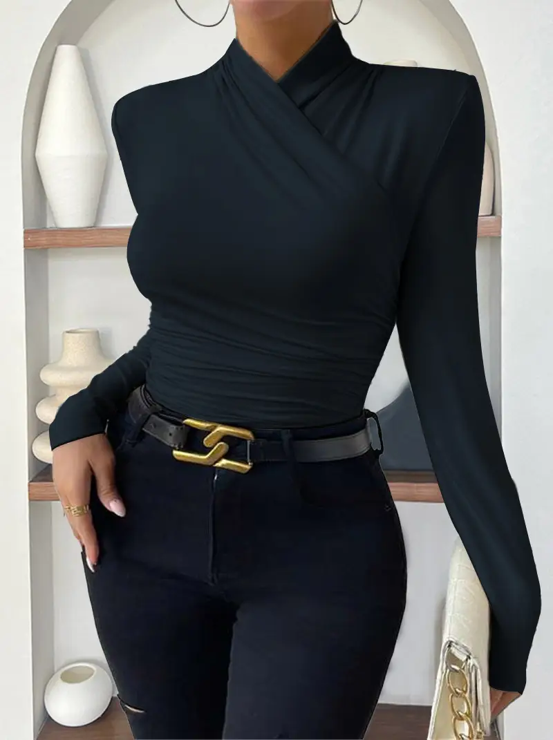 European and American Cross-Border Pullover Autumn and Winter New Design Cross-Collar Long-Sleeved Slim and Versatile Pure Color Pleated T-Shirt — feature 11