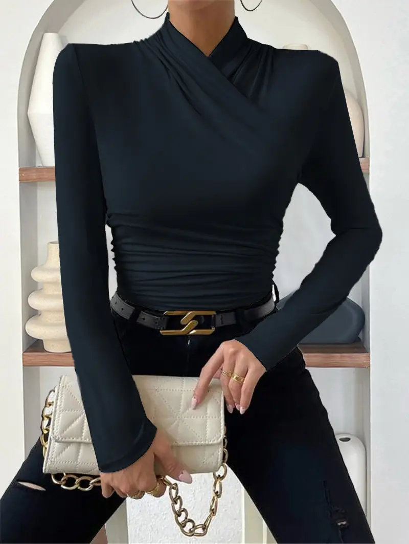 European and American Cross-Border Pullover Autumn and Winter New Design Cross-Collar Long-Sleeved Slim and Versatile Pure Color Pleated T-Shirt — feature 12