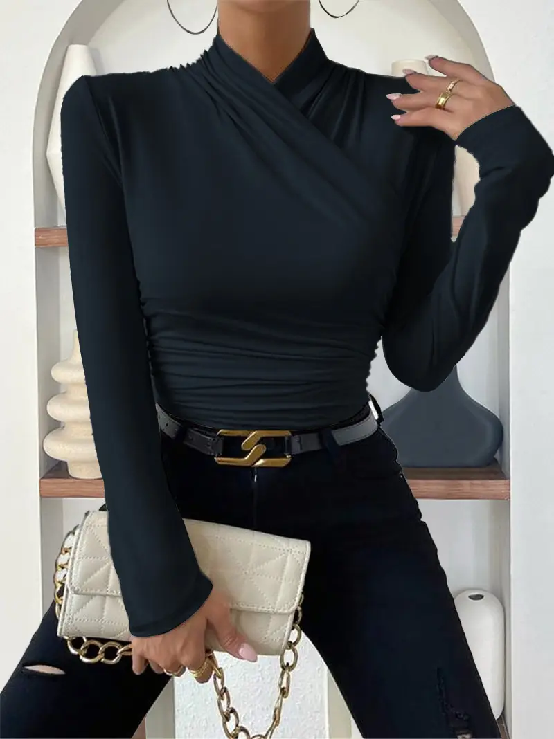 European and American Cross-Border Pullover Autumn and Winter New Design Cross-Collar Long-Sleeved Slim and Versatile Pure Color Pleated T-Shirt — feature 13