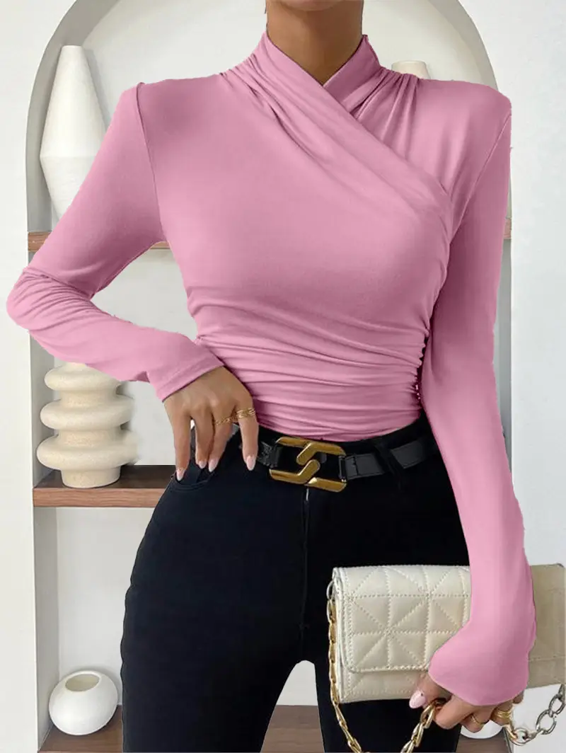 European and American Cross-Border Pullover Autumn and Winter New Design Cross-Collar Long-Sleeved Slim and Versatile Pure Color Pleated T-Shirt — feature 14