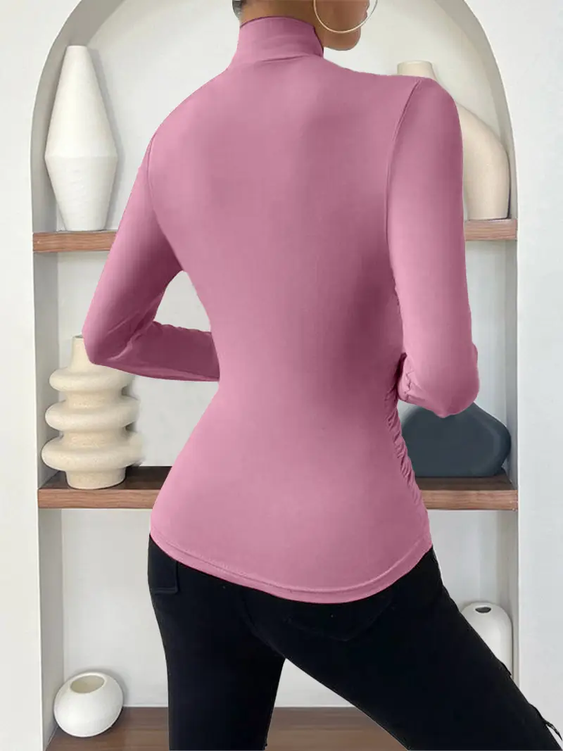 European and American Cross-Border Pullover Autumn and Winter New Design Cross-Collar Long-Sleeved Slim and Versatile Pure Color Pleated T-Shirt — feature 15