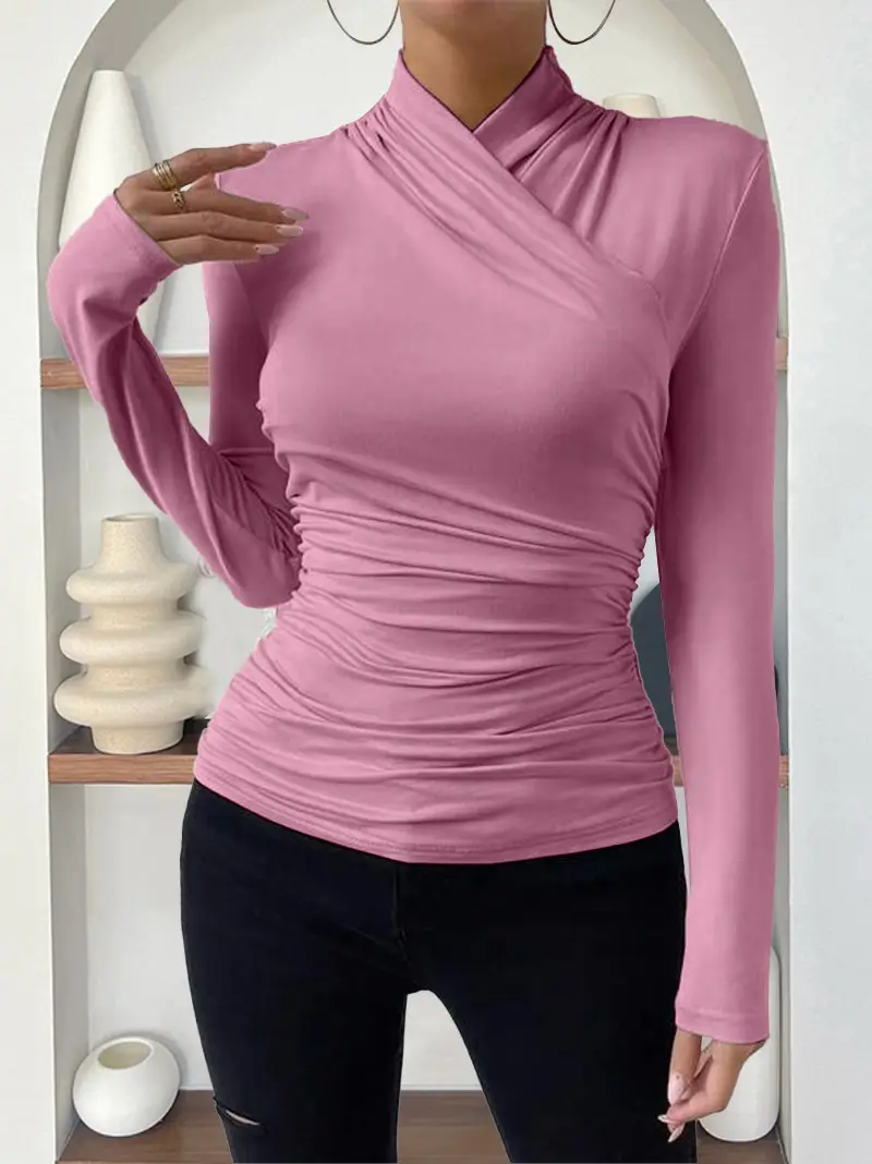 European and American Cross-Border Pullover Autumn and Winter New Design Cross-Collar Long-Sleeved Slim and Versatile Pure Color Pleated T-Shirt — feature 16