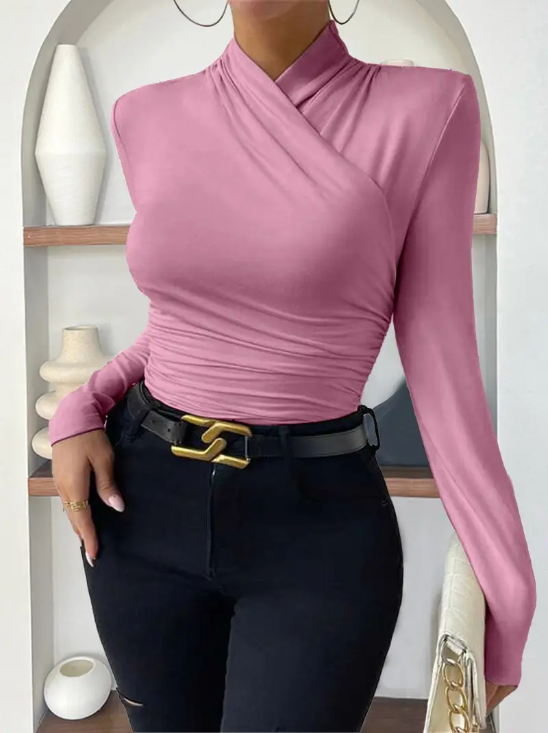 European and American Cross-Border Pullover Autumn and Winter New Design Cross-Collar Long-Sleeved Slim and Versatile Pure Color Pleated T-Shirt — feature 17