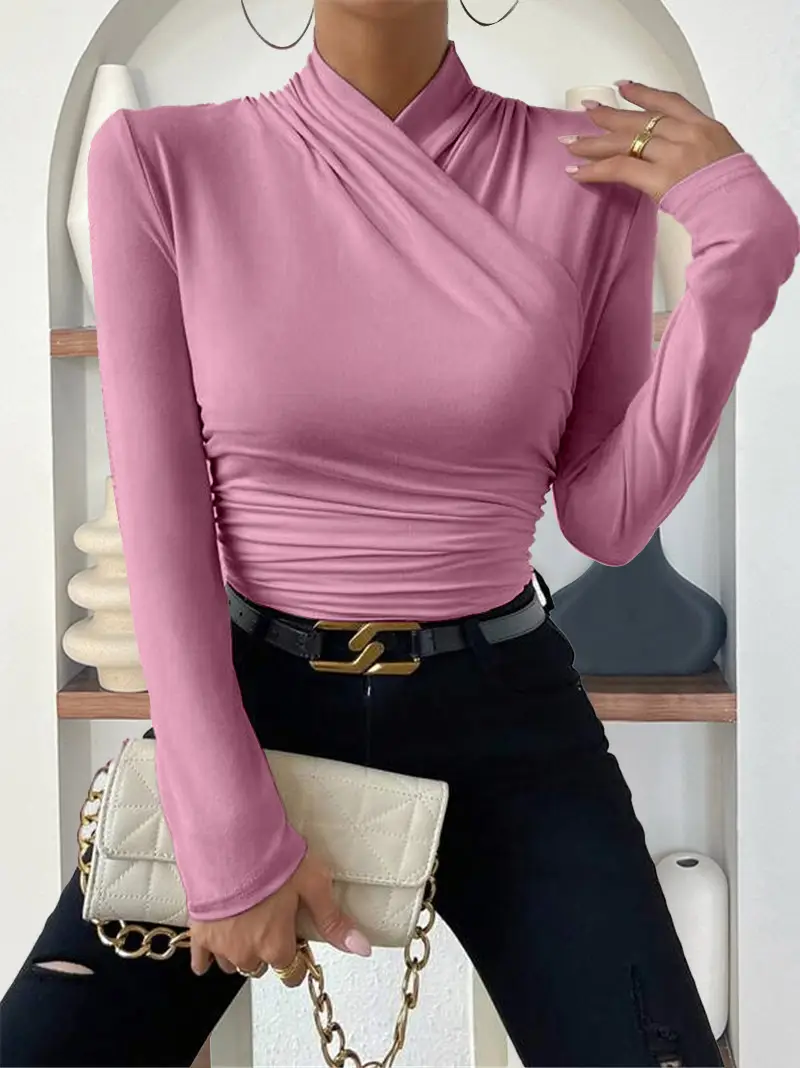 European and American Cross-Border Pullover Autumn and Winter New Design Cross-Collar Long-Sleeved Slim and Versatile Pure Color Pleated T-Shirt — feature 19