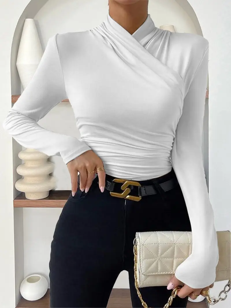 European and American Cross-Border Pullover Autumn and Winter New Design Cross-Collar Long-Sleeved Slim and Versatile Pure Color Pleated T-Shirt — feature 2