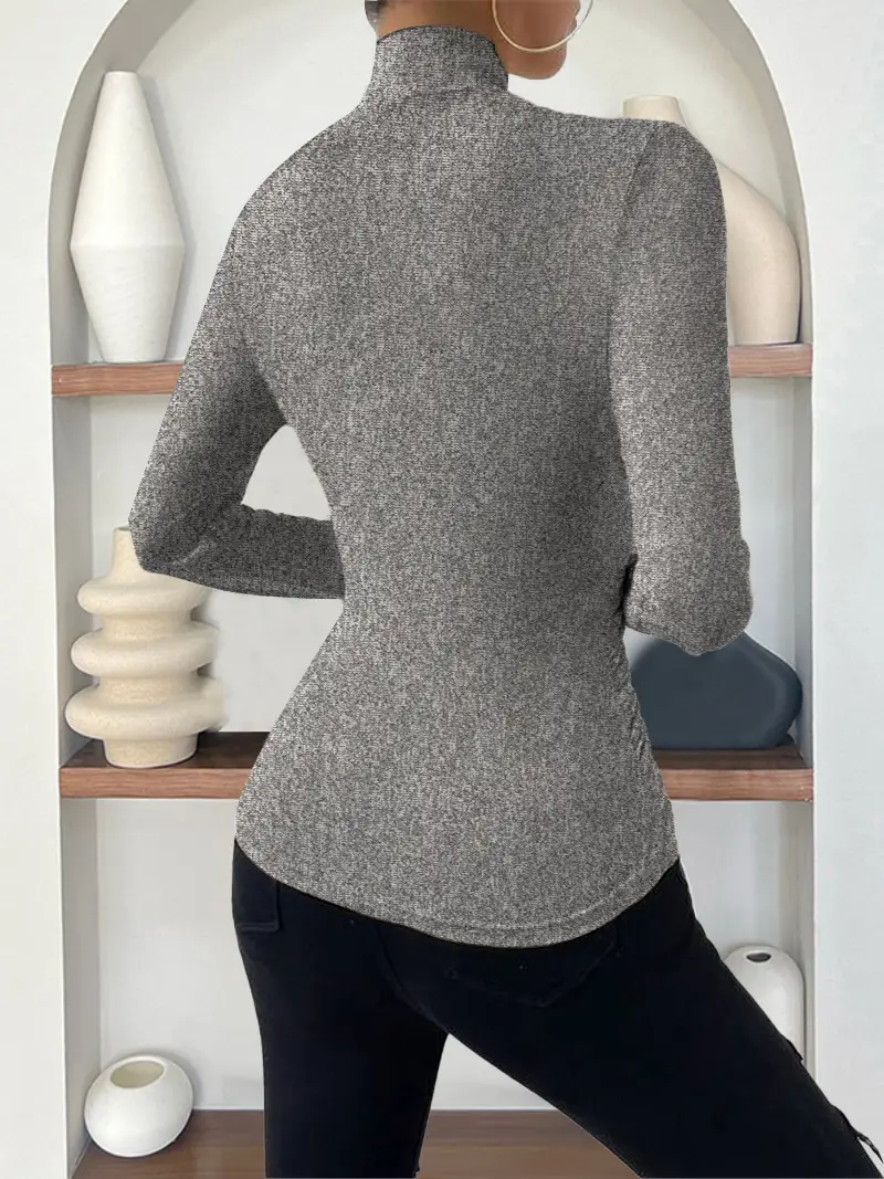 European and American Cross-Border Pullover Autumn and Winter New Design Cross-Collar Long-Sleeved Slim and Versatile Pure Color Pleated T-Shirt — feature 21
