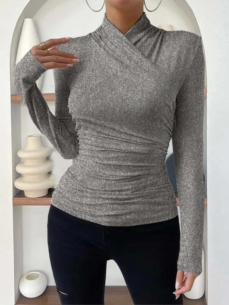 European and American Cross-Border Pullover Autumn and Winter New Design Cross-Collar Long-Sleeved Slim and Versatile Pure Color Pleated T-Shirt — feature 22