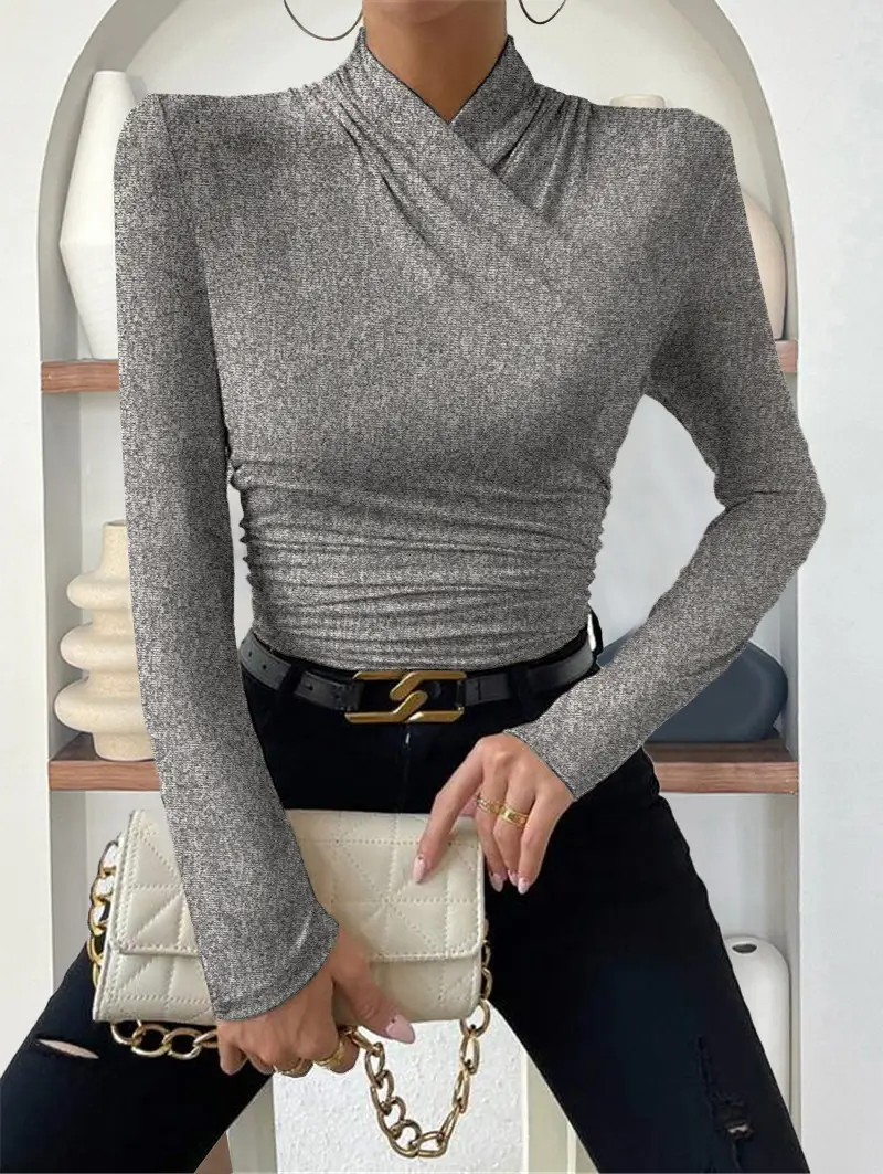 European and American Cross-Border Pullover Autumn and Winter New Design Cross-Collar Long-Sleeved Slim and Versatile Pure Color Pleated T-Shirt — feature 24
