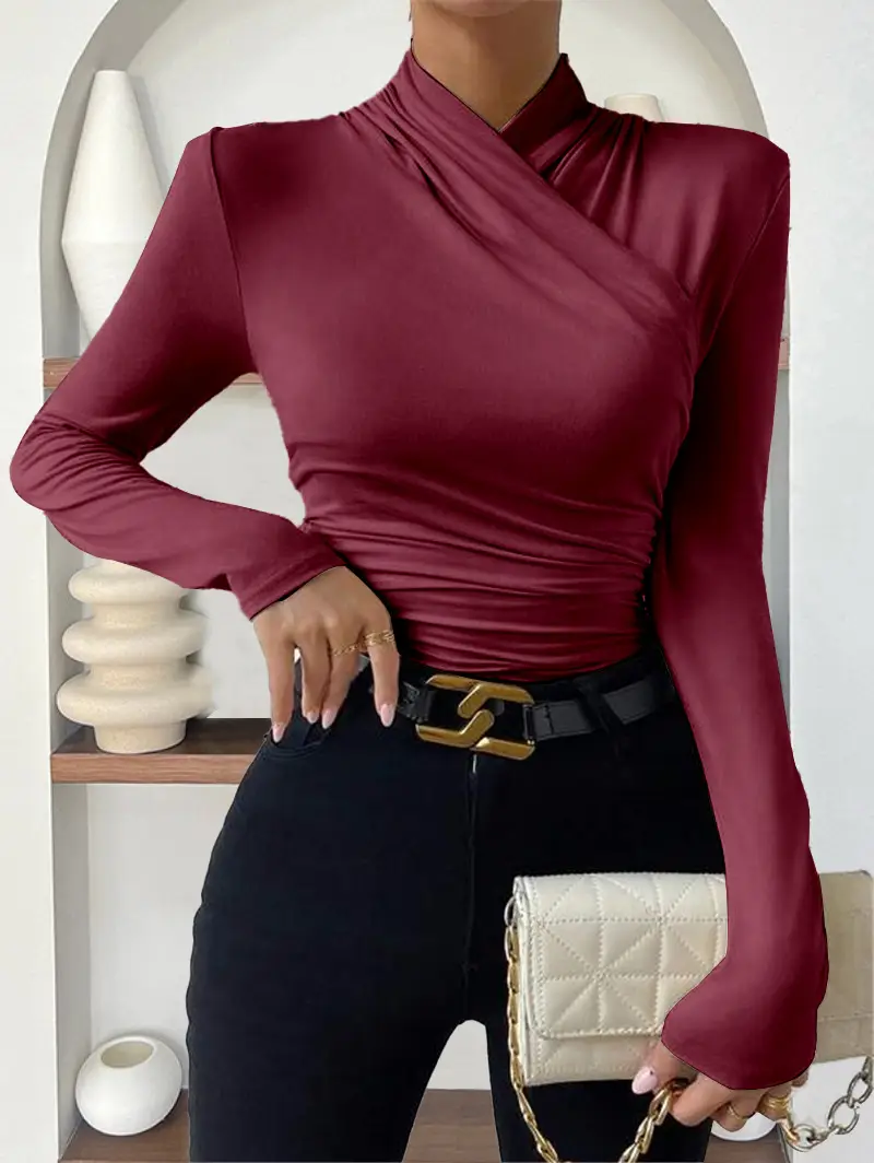 European and American Cross-Border Pullover Autumn and Winter New Design Cross-Collar Long-Sleeved Slim and Versatile Pure Color Pleated T-Shirt — feature 26