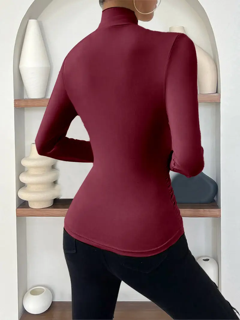 European and American Cross-Border Pullover Autumn and Winter New Design Cross-Collar Long-Sleeved Slim and Versatile Pure Color Pleated T-Shirt — feature 27