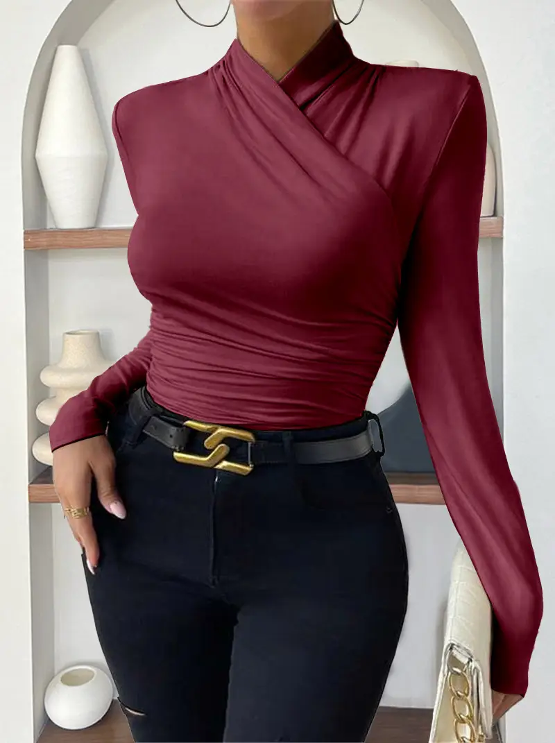 European and American Cross-Border Pullover Autumn and Winter New Design Cross-Collar Long-Sleeved Slim and Versatile Pure Color Pleated T-Shirt — feature 29