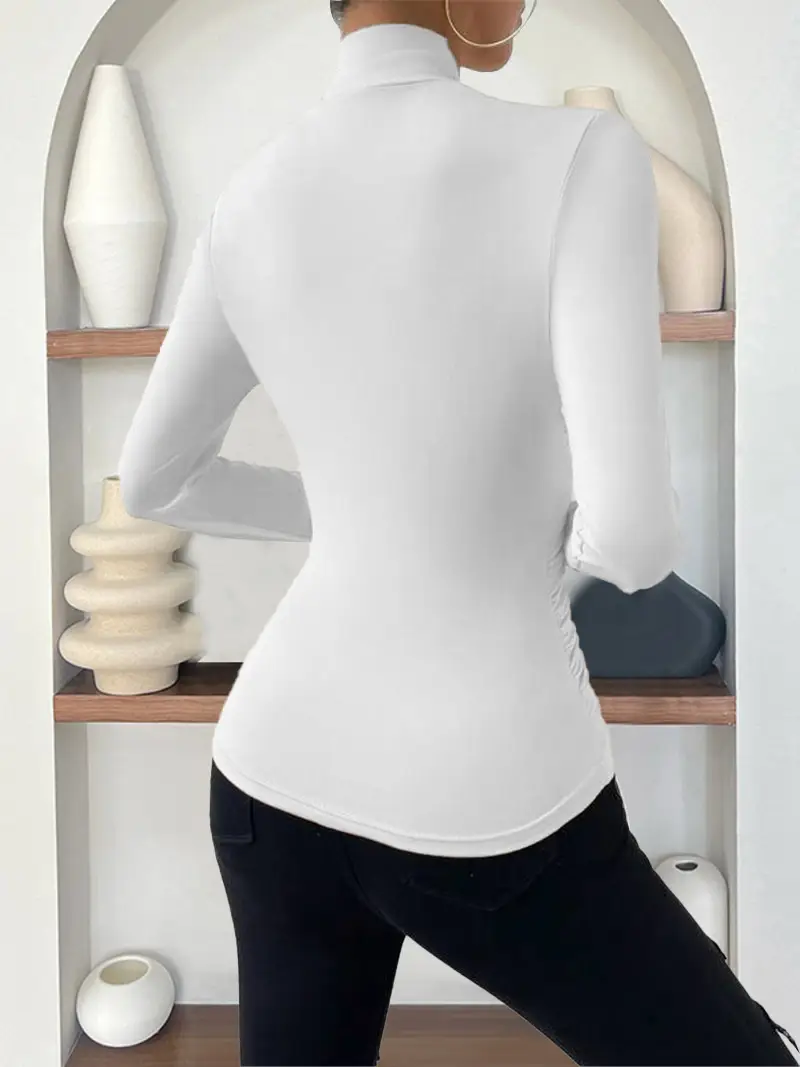 European and American Cross-Border Pullover Autumn and Winter New Design Cross-Collar Long-Sleeved Slim and Versatile Pure Color Pleated T-Shirt — feature 3