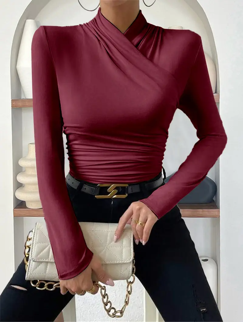 European and American Cross-Border Pullover Autumn and Winter New Design Cross-Collar Long-Sleeved Slim and Versatile Pure Color Pleated T-Shirt — feature 30