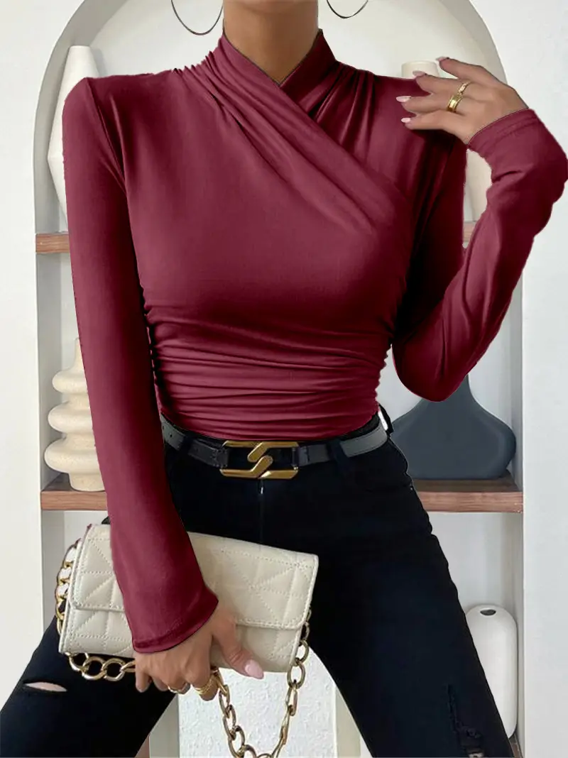 European and American Cross-Border Pullover Autumn and Winter New Design Cross-Collar Long-Sleeved Slim and Versatile Pure Color Pleated T-Shirt — feature 31