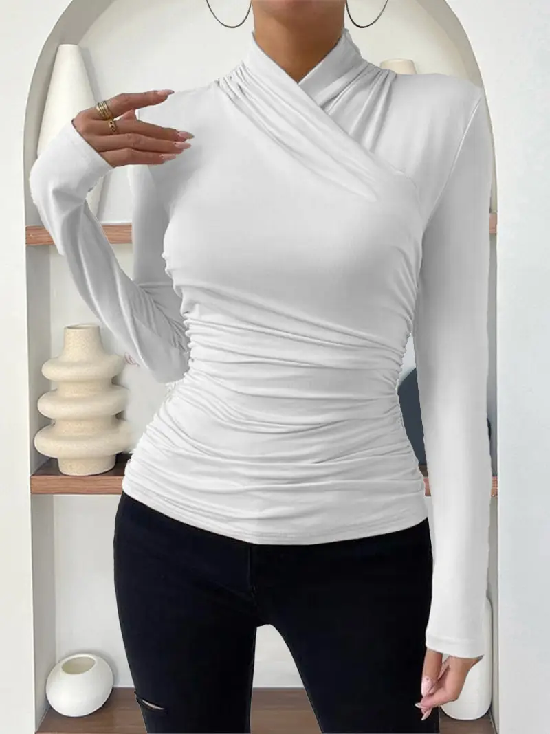 European and American Cross-Border Pullover Autumn and Winter New Design Cross-Collar Long-Sleeved Slim and Versatile Pure Color Pleated T-Shirt — feature 4