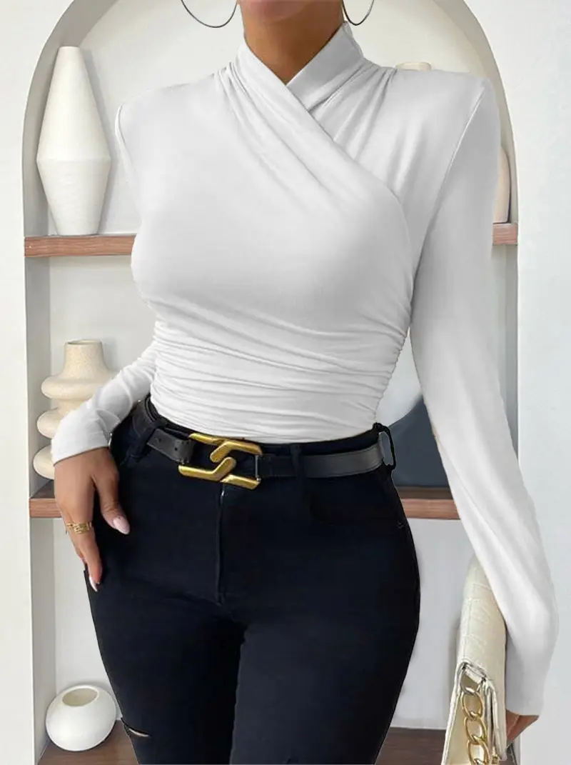 European and American Cross-Border Pullover Autumn and Winter New Design Cross-Collar Long-Sleeved Slim and Versatile Pure Color Pleated T-Shirt — feature 5