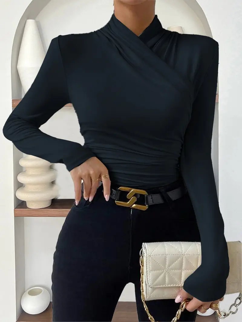 European and American Cross-Border Pullover Autumn and Winter New Design Cross-Collar Long-Sleeved Slim and Versatile Pure Color Pleated T-Shirt — feature 8