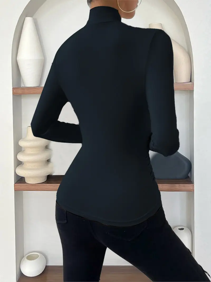 European and American Cross-Border Pullover Autumn and Winter New Design Cross-Collar Long-Sleeved Slim and Versatile Pure Color Pleated T-Shirt — feature 9